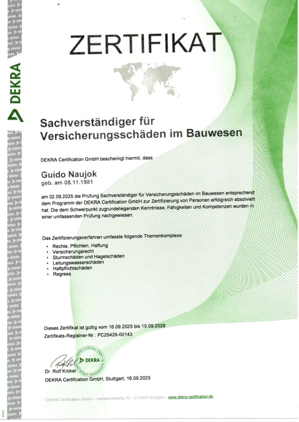 DEKRA Zertifikat Guido Naujok - Sachverständiger für Versicherungsschäden im Bauwesen, Bausachverständiger Parchim